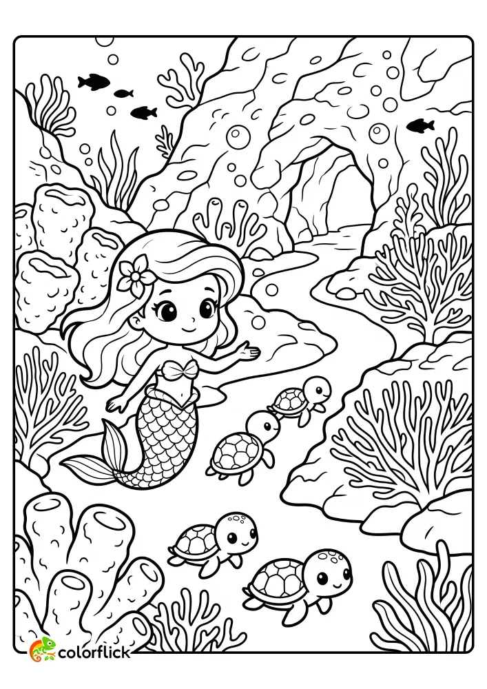 A mermaid guiding baby sea turtles through a coral reef towards a safe cave, free printable coloring sheet.