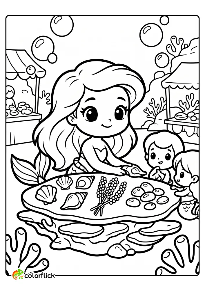 A mermaid merchant displaying seashells and stones on a coral table for mer-children at an underwater market, free printable coloring sheet.