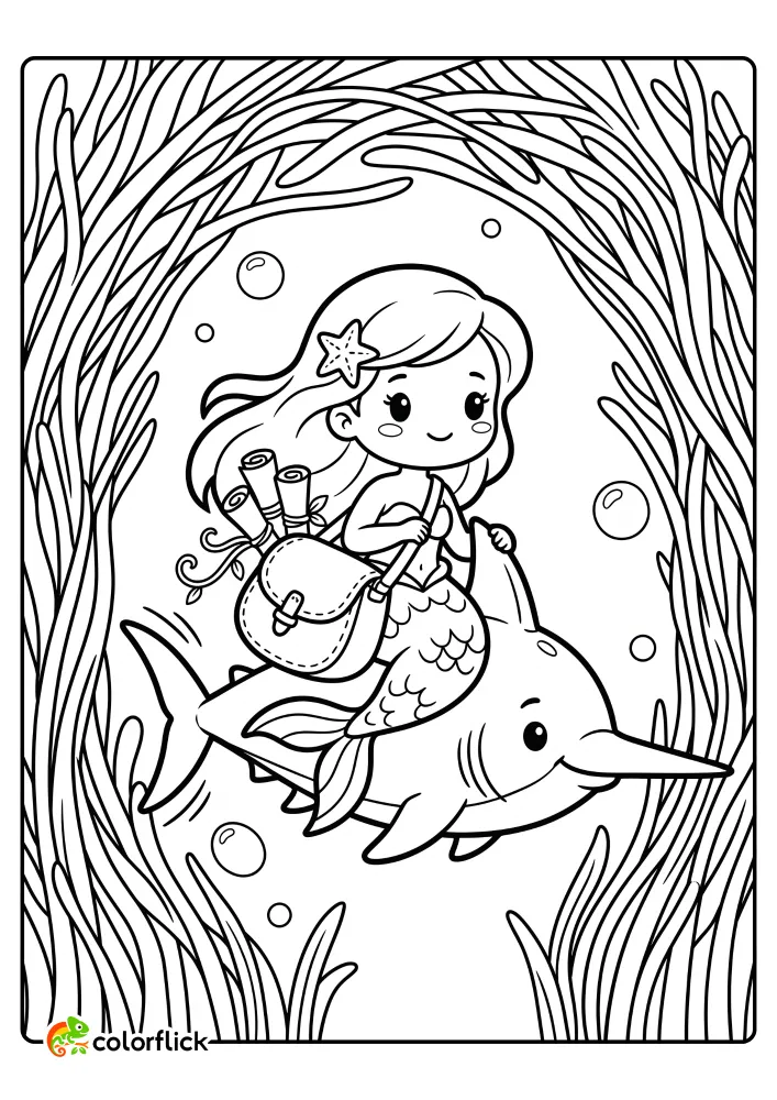 A cute chibi mermaid messenger riding a swordfish through a seagrass tunnel with a satchel of scrolls, printable coloring page for kids.