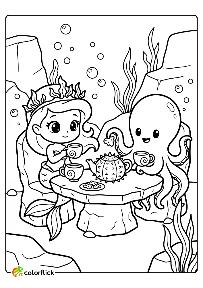 A cute mermaid and a friendly octopus having an underwater tea party at a stone table with shell cups and a sea urchin teapot, free printable coloring sheet.