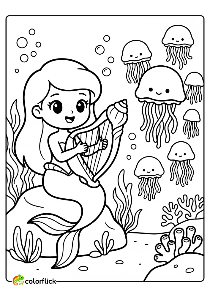 A cute mermaid sitting on an underwater rock playing a seashell harp alongside smiling floating jellyfish in this free printable coloring sheet.