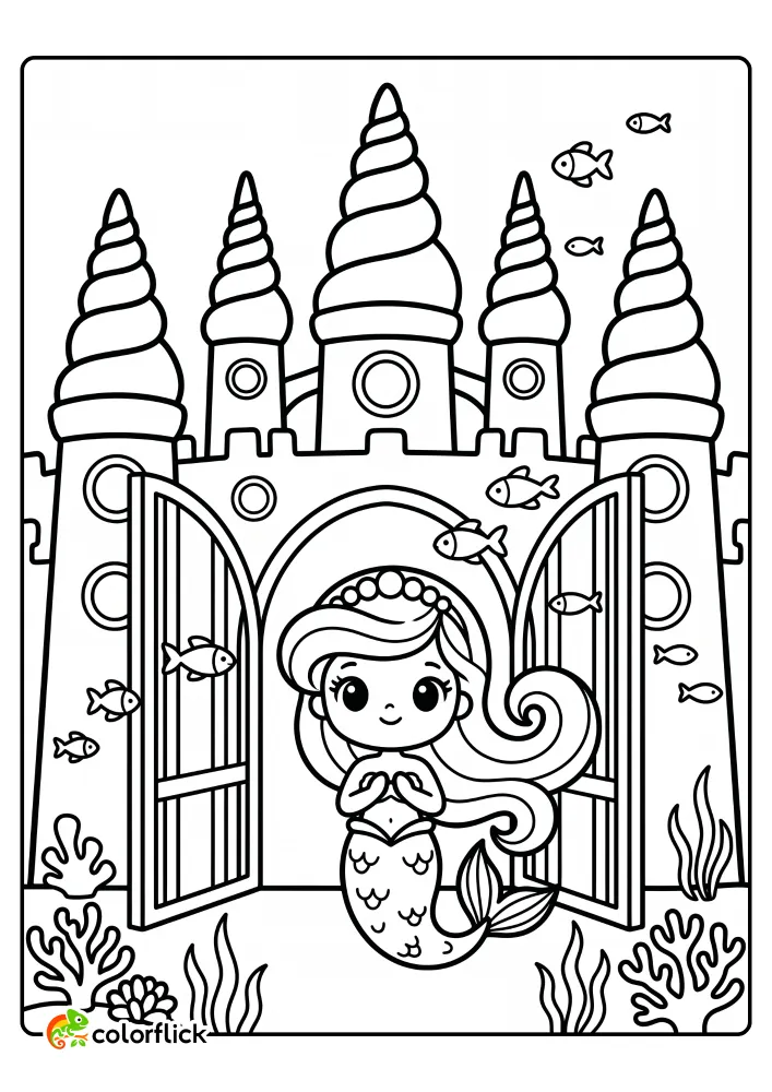A cute mermaid princess standing in front of grand seashell castle gates with swimming fish, free printable coloring sheet.