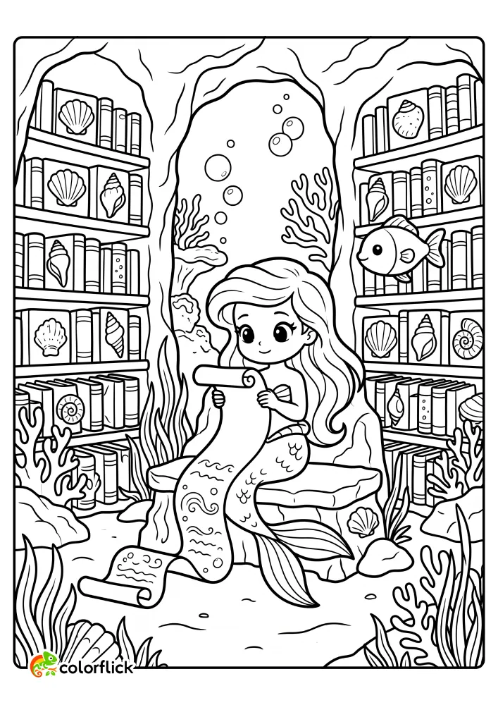 A beautiful mermaid reading a long scroll inside a grand underwater library filled with shelves of shell-covered books in this free printable coloring sheet.