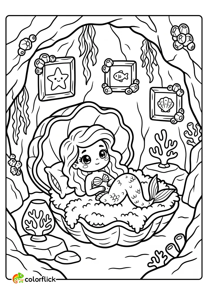A cute mermaid resting comfortably in a giant clamshell bed inside an underwater grotto with framed pictures, seaweed, and coral in this free printable coloring sheet.