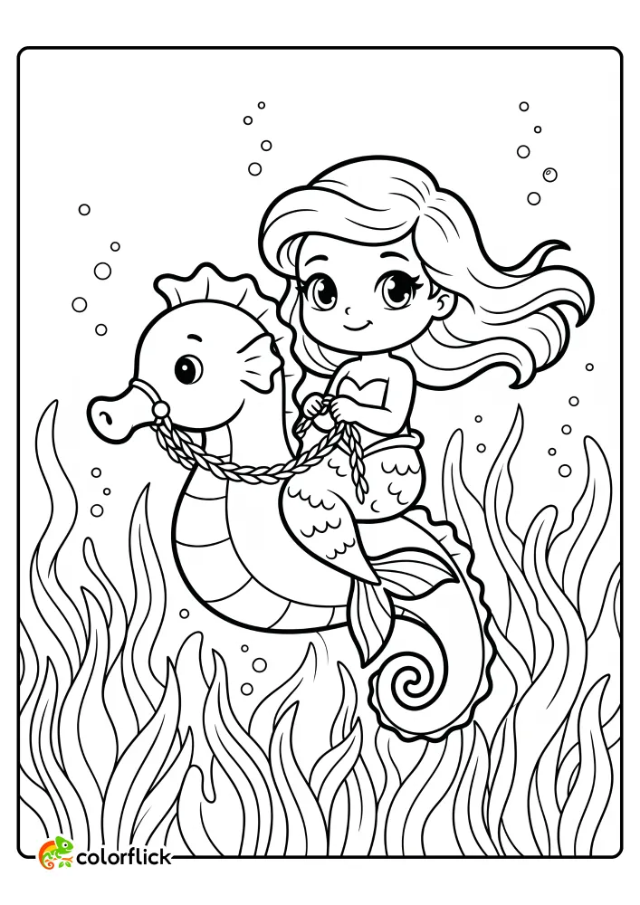 A beautiful mermaid holding seaweed reins while riding a friendly seahorse through an underwater meadow filled with bubbles, featured in this free printable coloring sheet for kids.