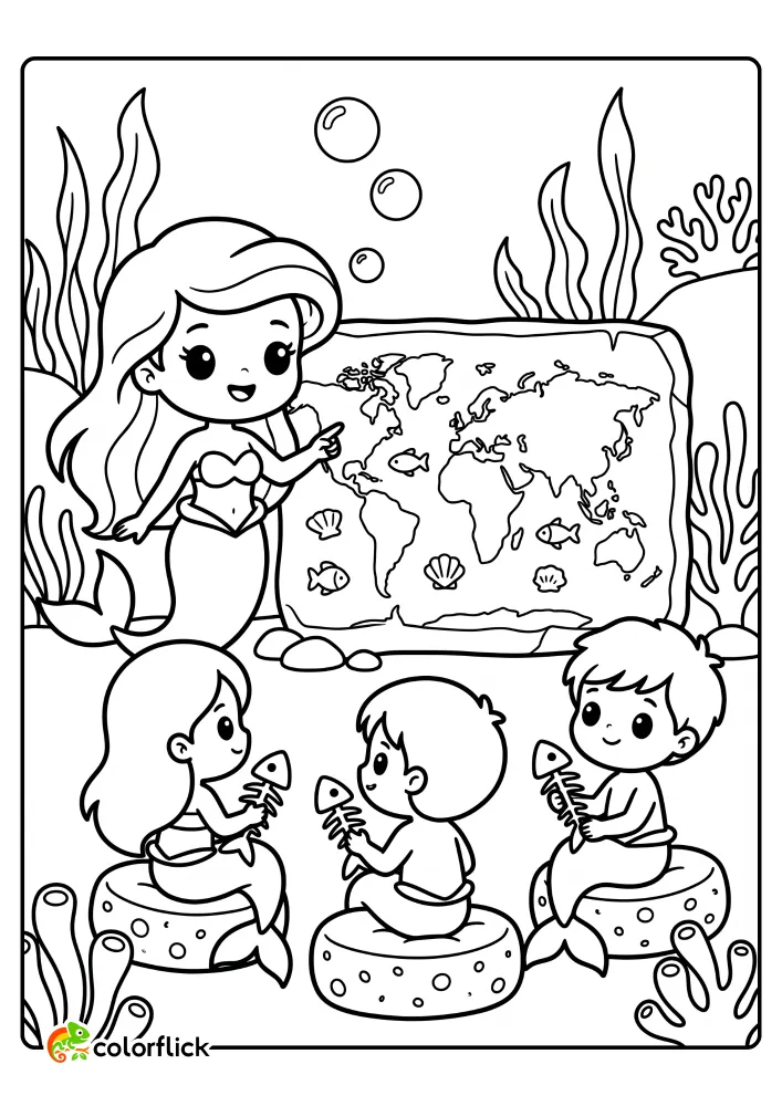 A mermaid teacher pointing to a large stone map while mer-children sit on sponges holding fishbone styluses, free printable coloring sheet.