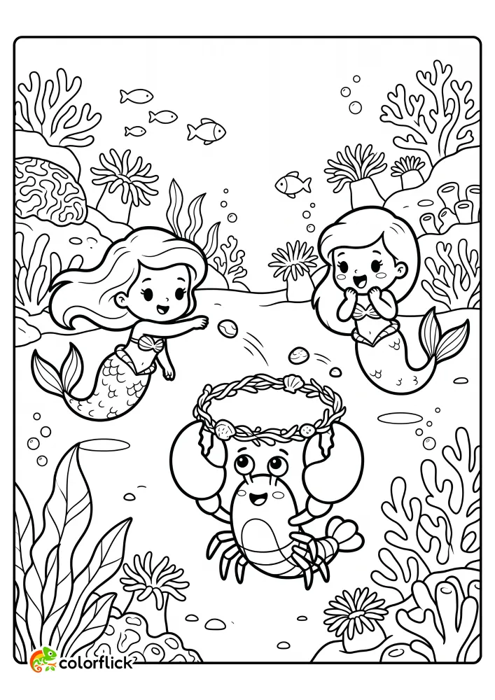 A free printable coloring sheet featuring two cute mermaids playing a fun game of shell toss, throwing pebbles through a wreath hoop held by a friendly lobster near a beautiful coral reef.