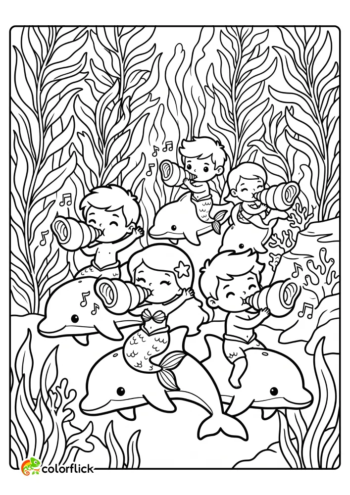 A group of cute mermaids and mermen riding friendly dolphins and blowing conch shells through a tall kelp forest in this free printable coloring sheet.