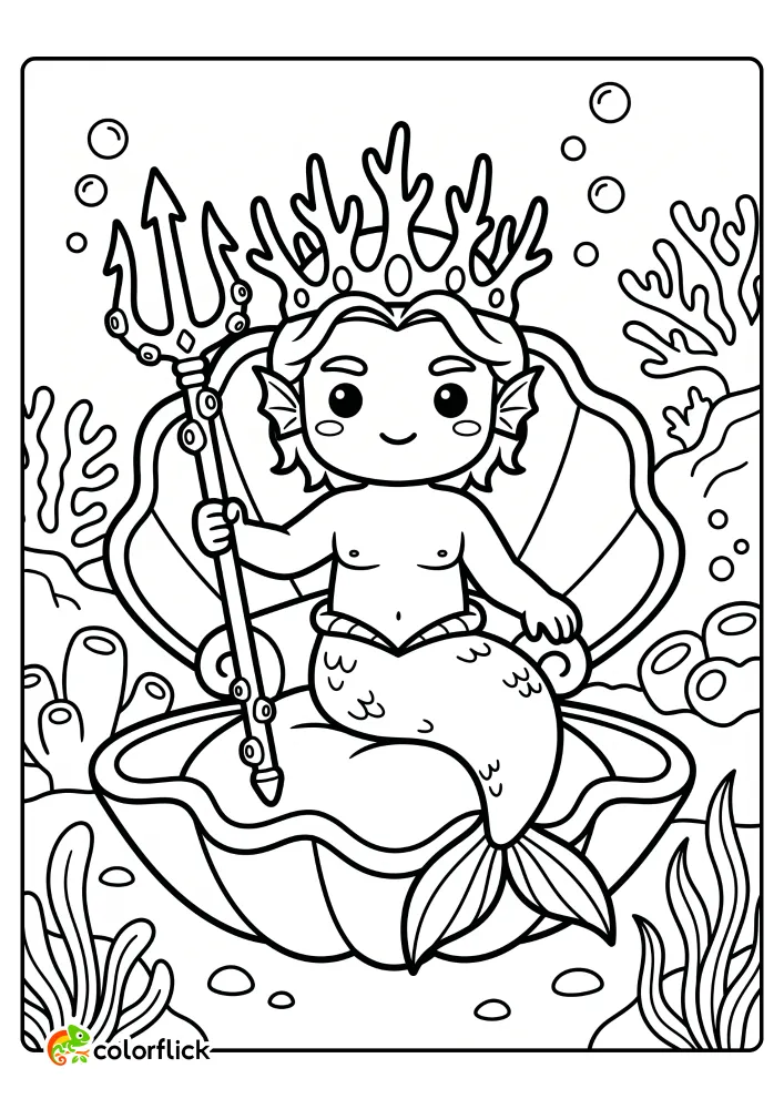 A smiling merman king wearing a coral crown and holding a trident sits on a giant clam shell throne in this free printable coloring sheet.