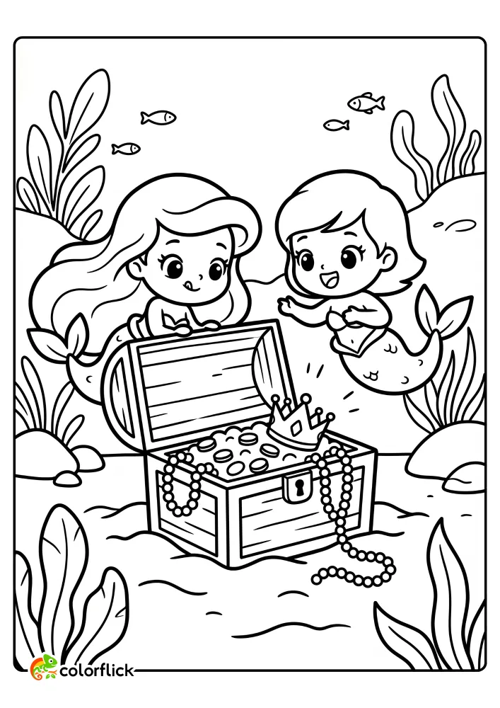 A printable coloring page for kids featuring two adorable mermaids discovering an open wooden treasure chest filled with gold coins, a crown, and pearls on the sandy ocean floor.