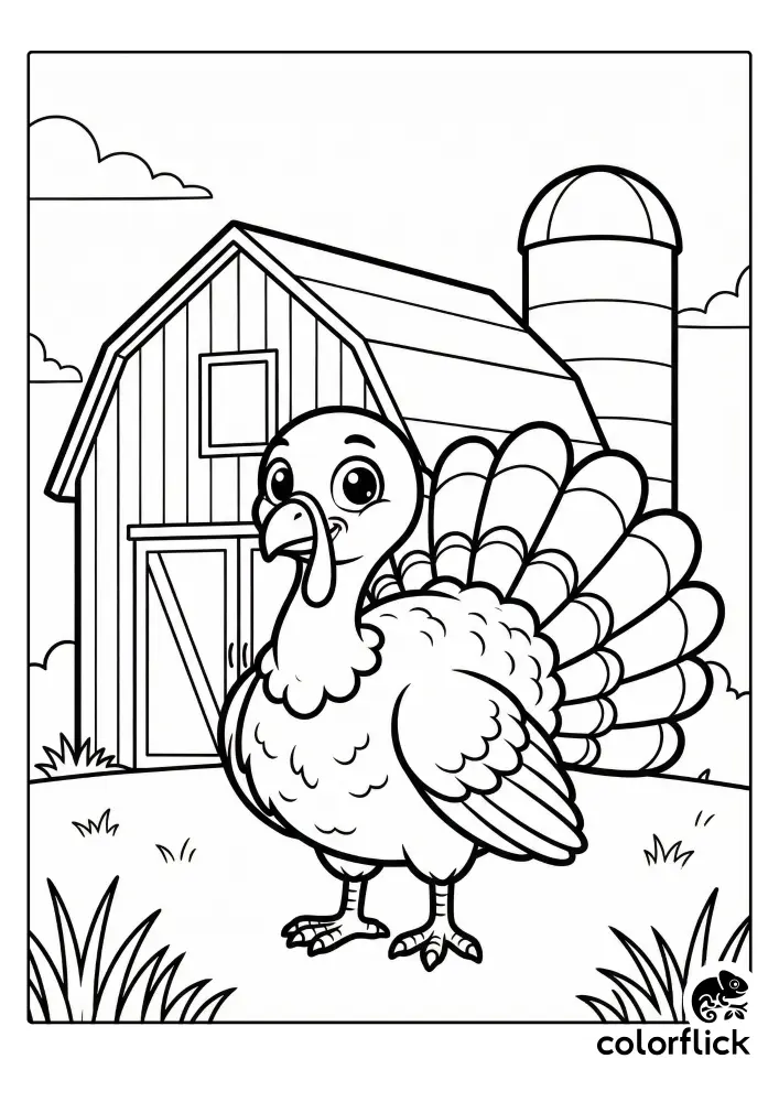 A cute, plump turkey with fanned tail feathers stands proudly in front of a classic farm barn with a silo in this children's coloring page.