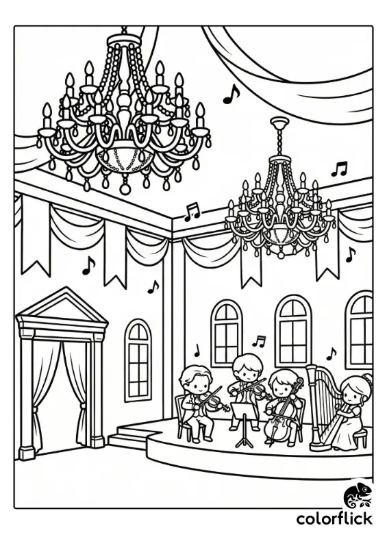 A black and white coloring page showing a cute chibi orchestra playing instruments on a stage in a grand royal ballroom decorated with large chandeliers and drapes.