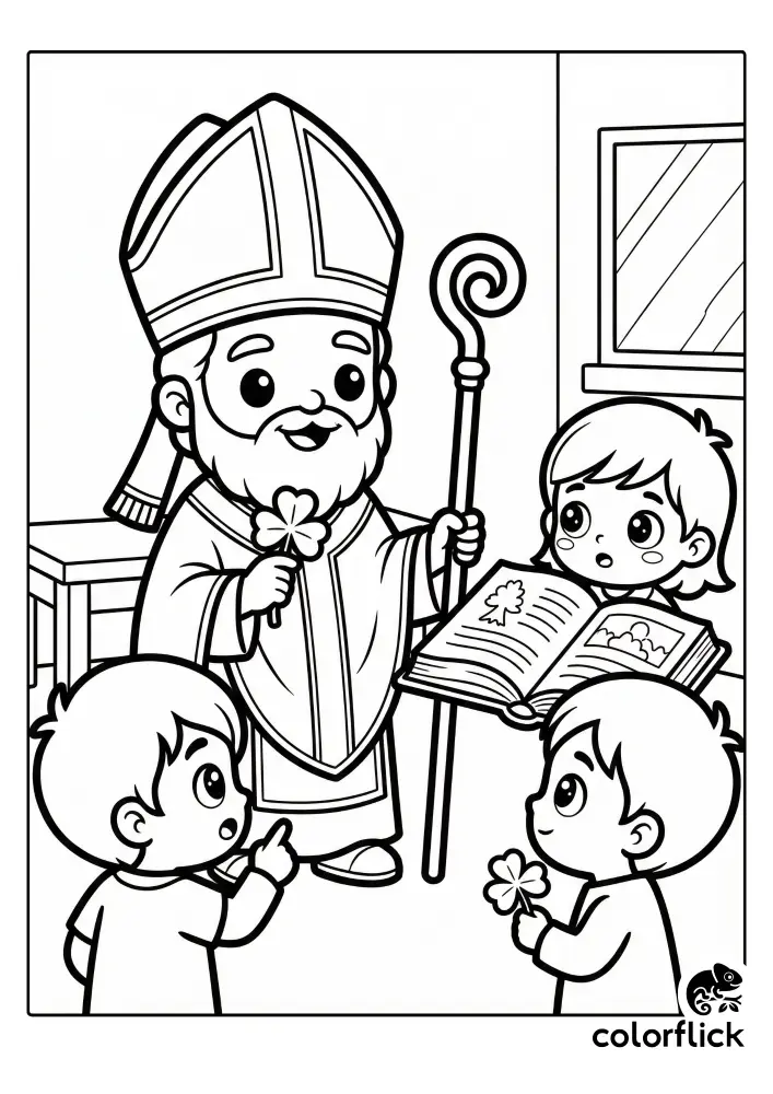A cute line art coloring page showing Saint Patrick holding a shamrock and staff, teaching three curious children from an open book in a classroom setting.