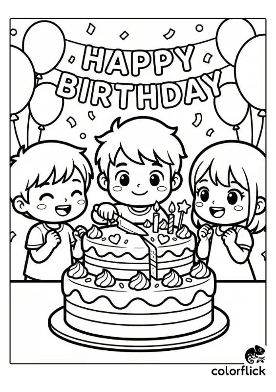 A happy chibi child cutting the first slice of a large two-tier birthday cake while friends cheer excitedly in the background.
