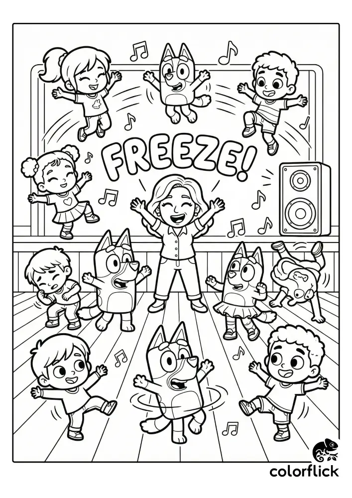 A black and white coloring page illustration of a teacher and a group of children and dog characters caught in various silly poses during a game of freeze dance, with musical notes and the word "FREEZE!" in the background.