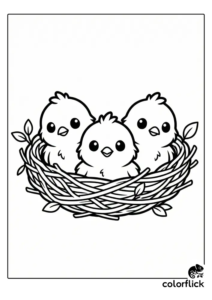 A black and white coloring page illustration showing three adorable, fluffy baby chicks peeking out from a cozy nest made of twigs and leaves.