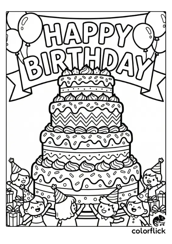 A giant multi-tiered birthday cake featuring zig-zag frosting and sprinkles, surrounded by cheering chibi children wearing party hats under a banner.