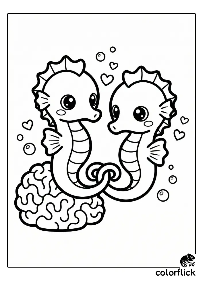 A sweet coloring page illustration of two smiling seahorses with their tails intertwined, floating next to a piece of brain coral surrounded by heart shapes and bubbles.