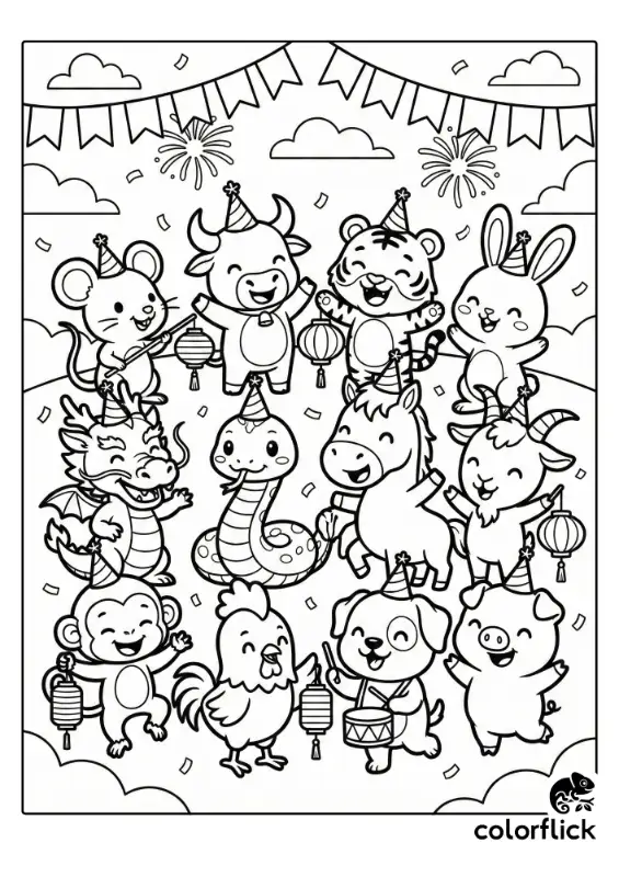 Twelve cute chibi zodiac animals wearing party hats dancing and celebrating together under festive flags and confetti.
