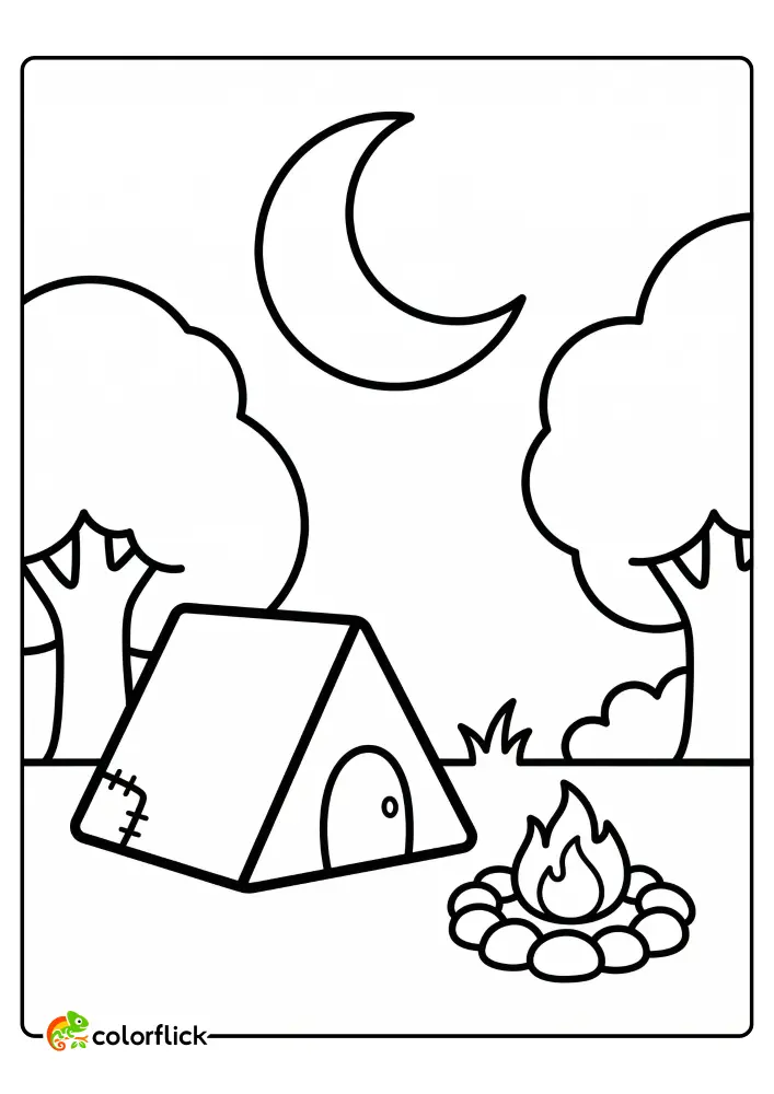 A small A-frame tent and campfire under a crescent moon, a printable coloring page for kids.