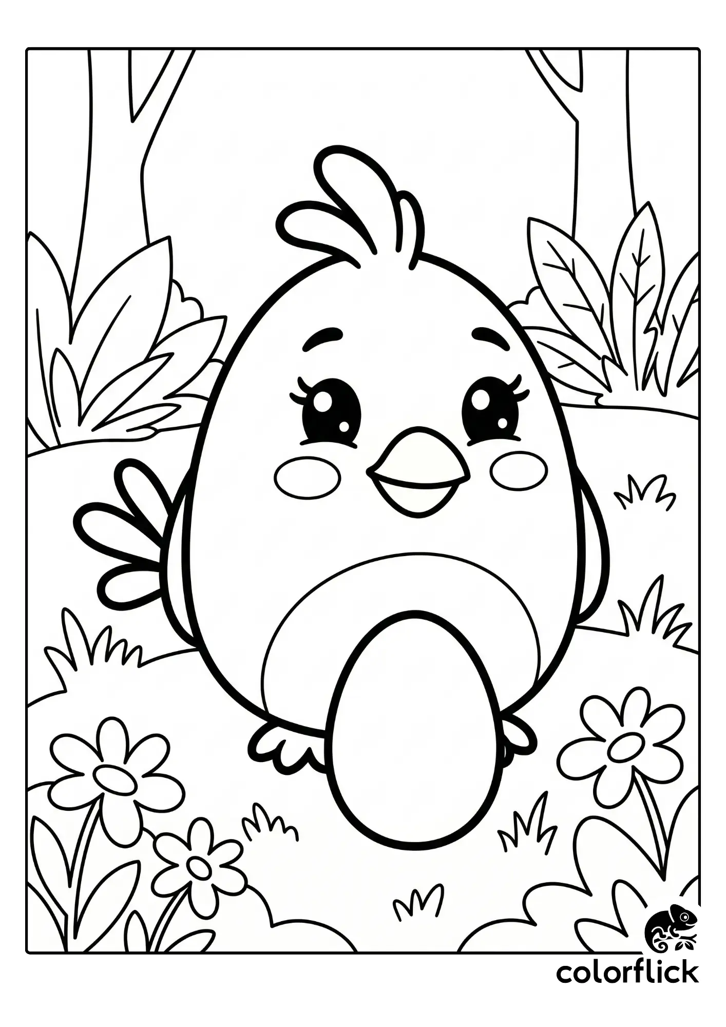 Chibi Matilda from Angry Birds standing with a large egg in a simple forest background, a free printable coloring sheet for kids.