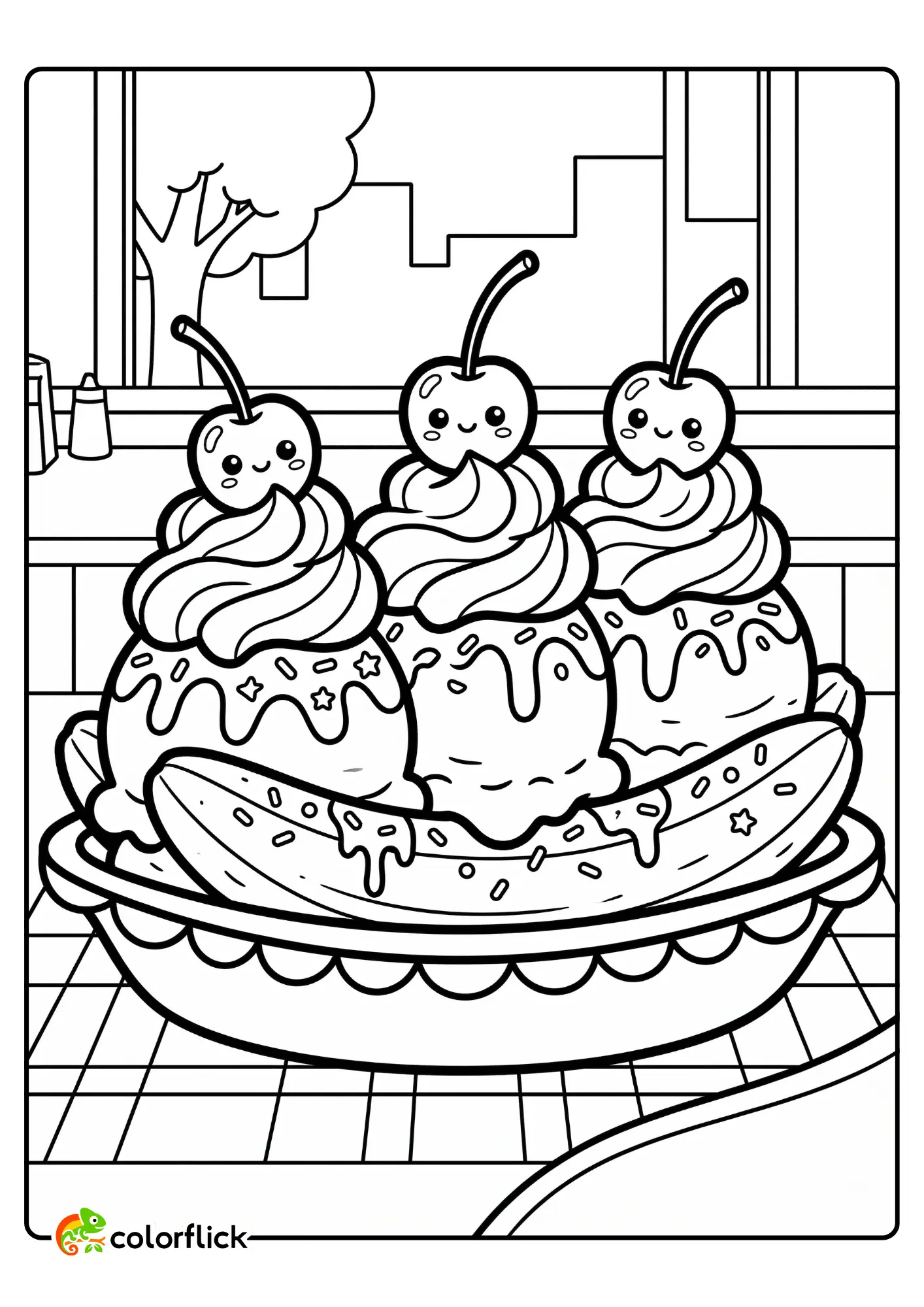 A cute banana split sundae with three scoops of ice cream, whipped cream, sprinkles, and smiling cherries on top in a bowl, printable coloring page for kids.