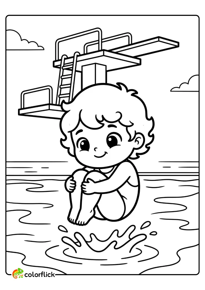 Cute boy diver in a tight tuck shape with knees to chest, jumping from a multi-level diving platform with a splash of water, printable coloring page for kids.