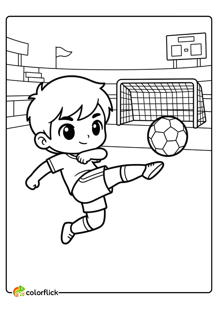 Cute boy kicking a soccer ball towards a goal net in a stadium, perfect printable coloring page for kids.