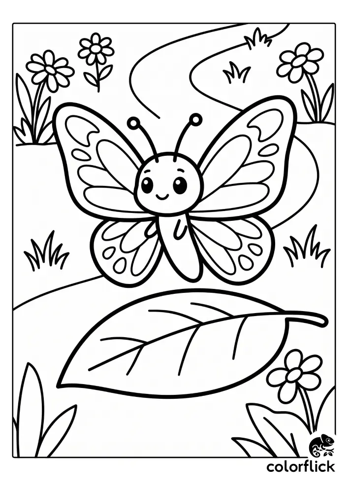A cute chibi cartoon butterfly with open wings hovering above one large flat leaf in a simple garden, printable coloring page for kids.