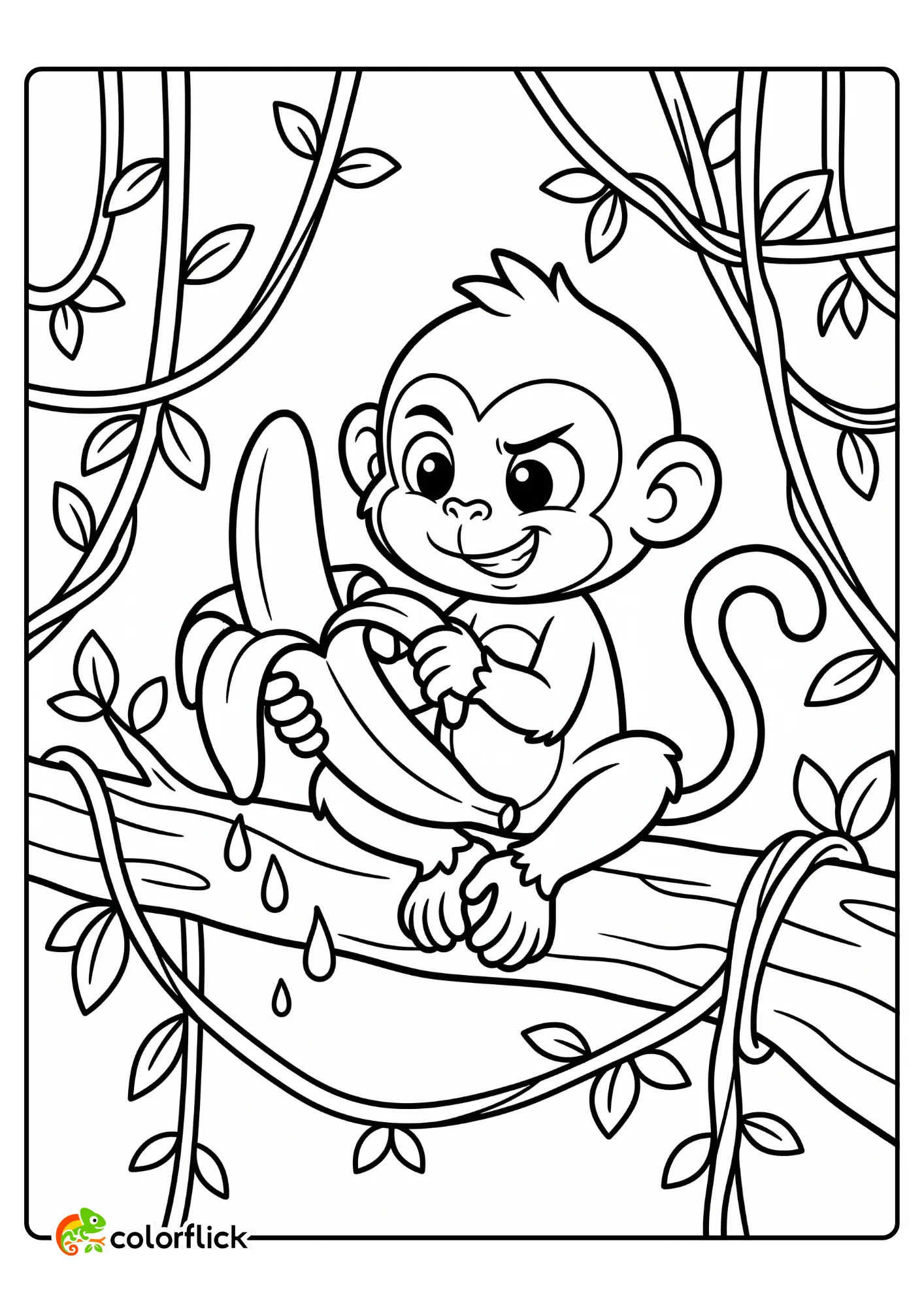 A cute cheeky monkey sitting on a jungle branch peeling an oversized banana, printable coloring page for kids.