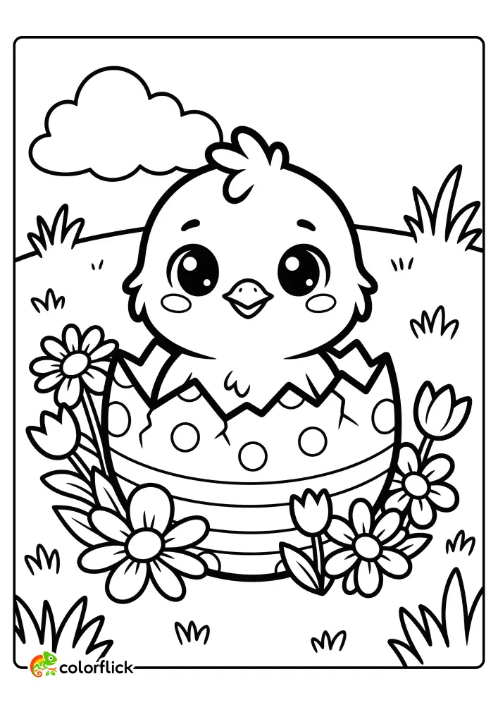 A cute Chibi baby chick hatching from a polka-dot Easter egg in a field of flowers, printable coloring page for kids.