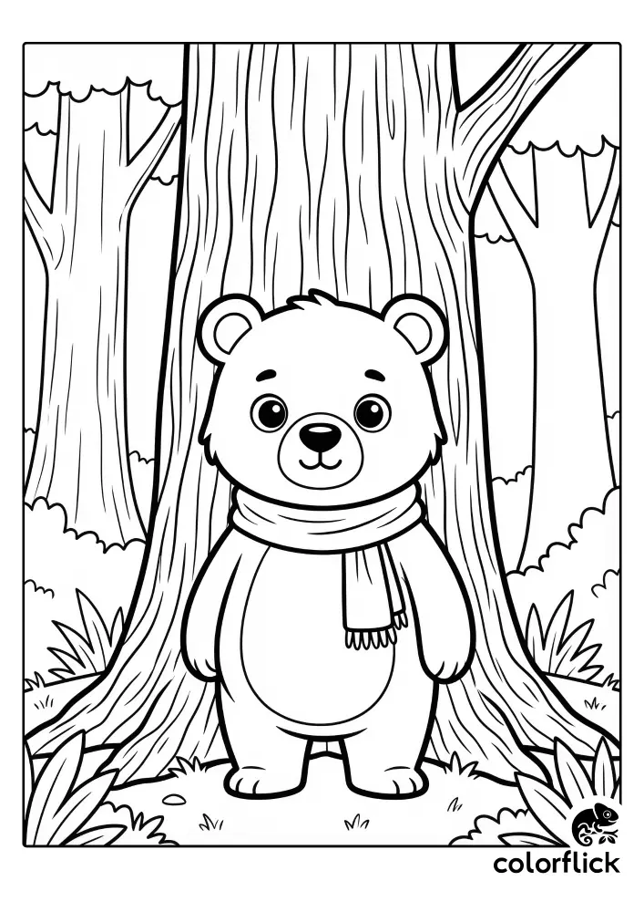 Adorable chibi bear wearing a scarf standing against a large, textured tree trunk in a forest setting, a free printable coloring sheet for kids.