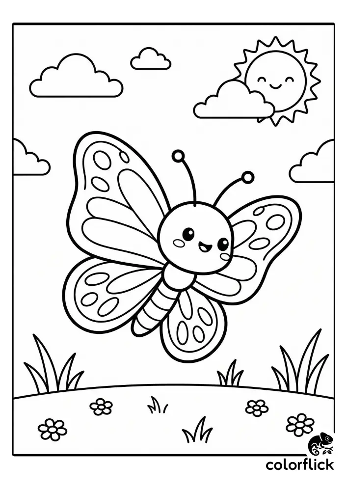 Free printable coloring page for kids featuring a smiling chibi butterfly with patterned wings flying over a grassy field with flowers under a sun and clouds.
