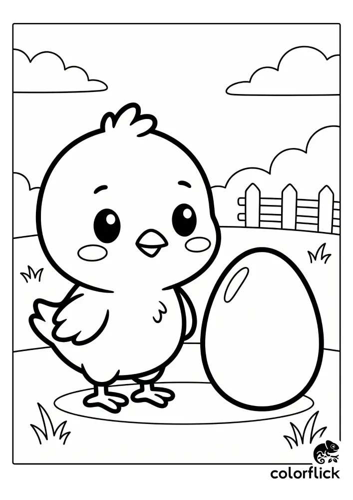 A cute chibi cartoon chick standing happily next to a large egg in a farmyard with a fence and clouds, a printable coloring page for kids.