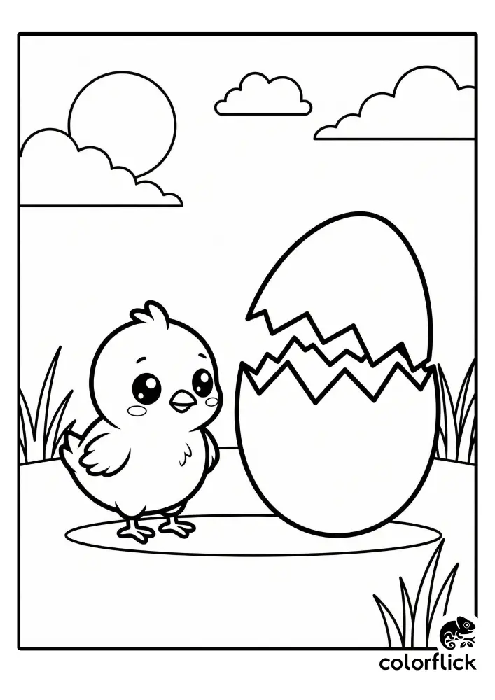 Free printable coloring sheet featuring a cute chibi chick with large eyes standing beside a broken eggshell with a zigzag crack in a simple outdoor scene under the sun and clouds.