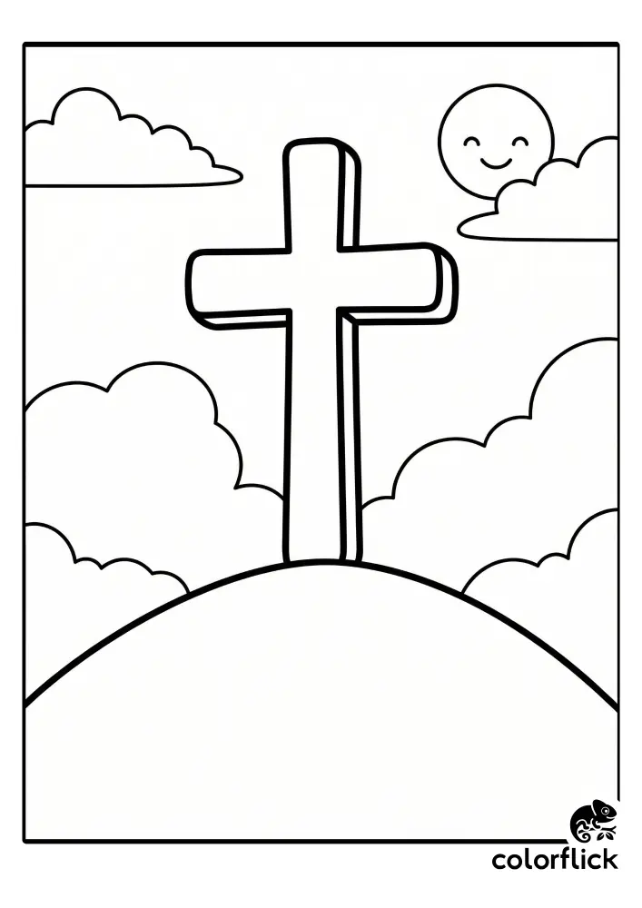 Free printable coloring sheet for kids featuring a simple chibi-style cross standing at the top of a curved hill under a smiling sun and clouds.