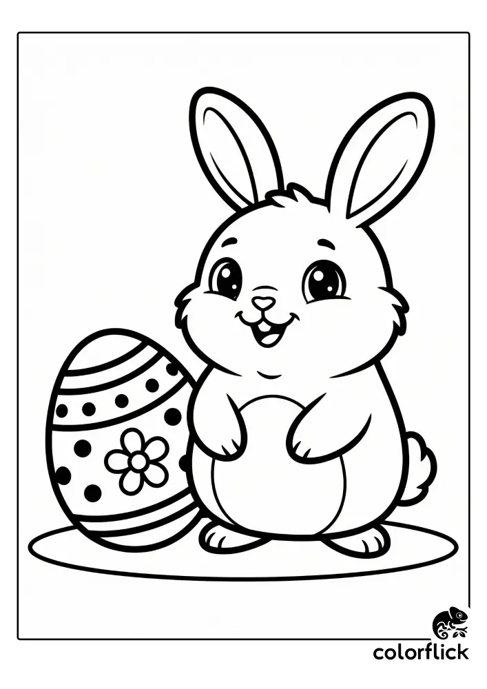 Cute chibi Easter bunny standing next to a large decorated egg free printable coloring page for kids.