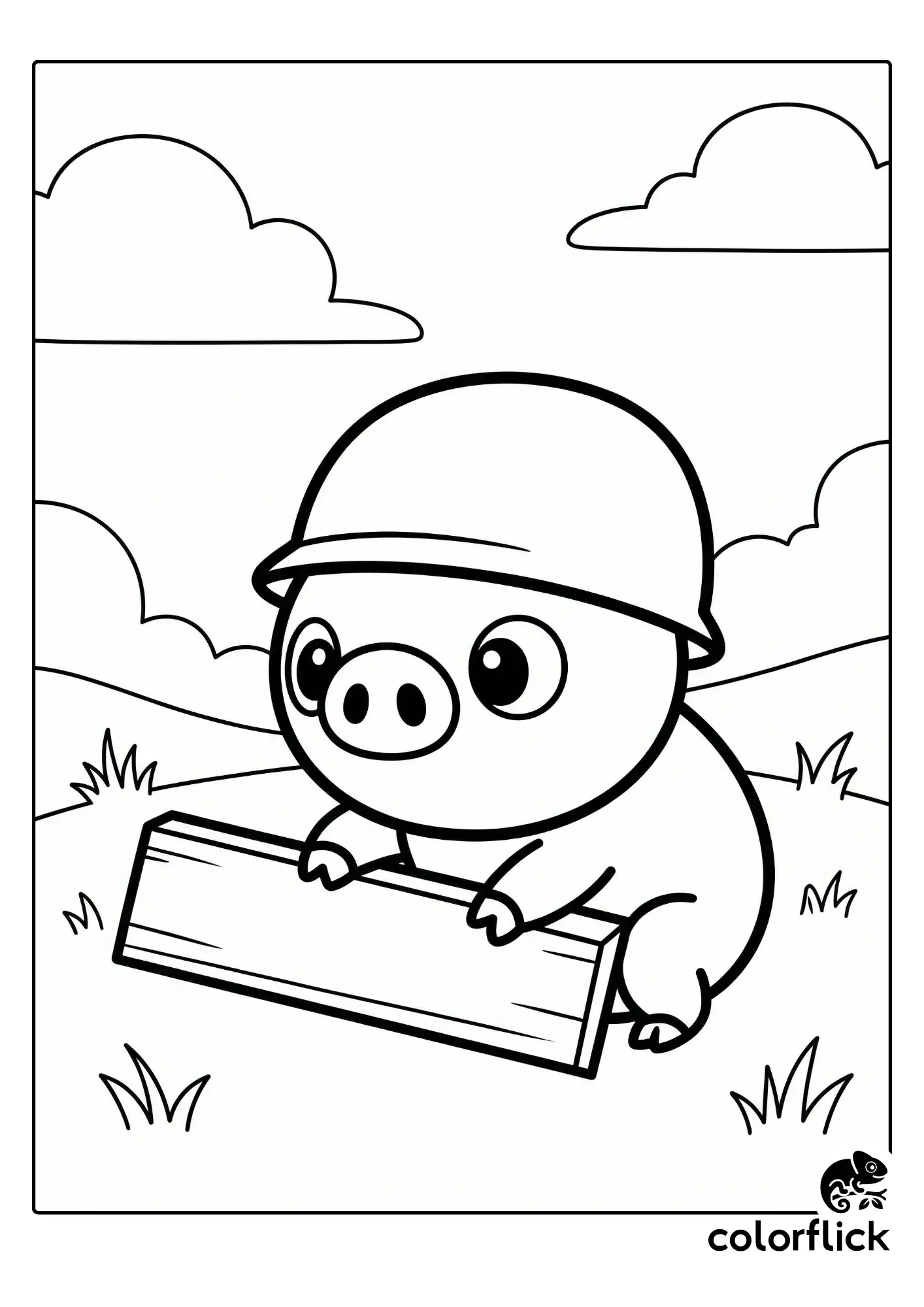Chibi Helmet Pig crouching behind a wooden plank in a grassy field with clouds, a printable coloring page for kids.
