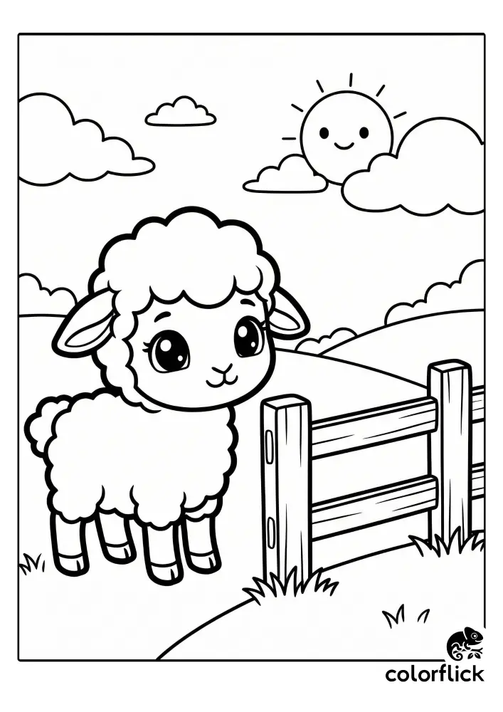 Free printable coloring sheet featuring a cute chibi lamb standing next to a two-rail wooden fence in a farm field under a cheerful sun and clouds.