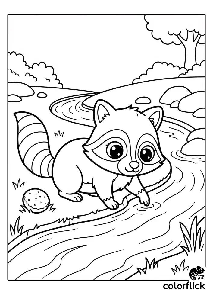 Cute chibi raccoon dipping its paw into stream water with a snack nearby, a free printable coloring sheet for kids.