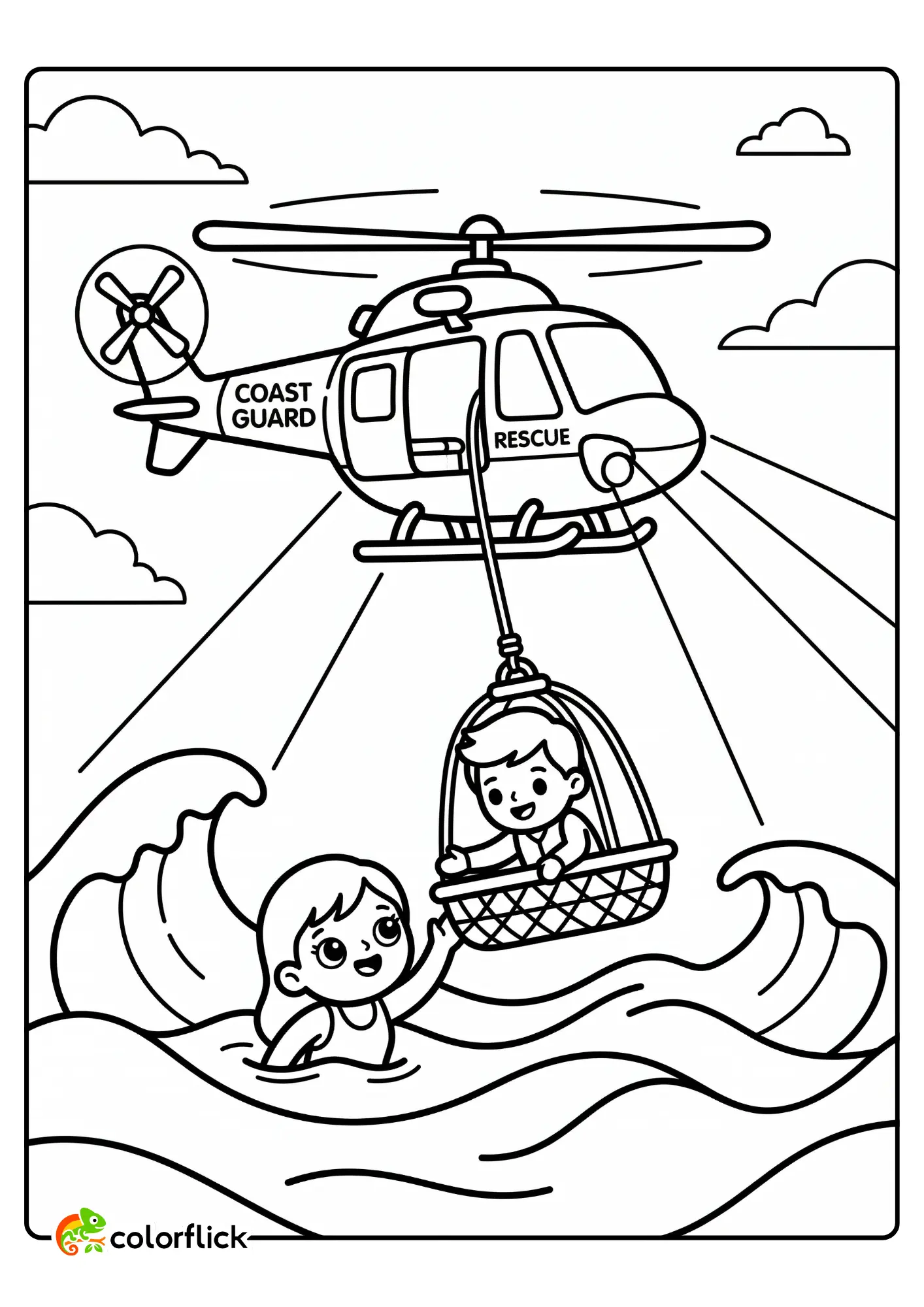 A cute coast guard helicopter lowers a rescue basket to a smiling swimmer in ocean waves on this printable coloring page for kids.