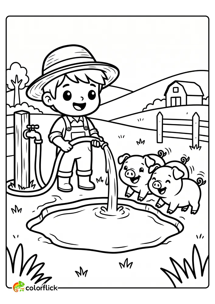 An adorable farmer boy in a straw hat and overalls fills a water puddle with a hose, as two happy piglets watch from the edge, on this printable coloring page for kids.