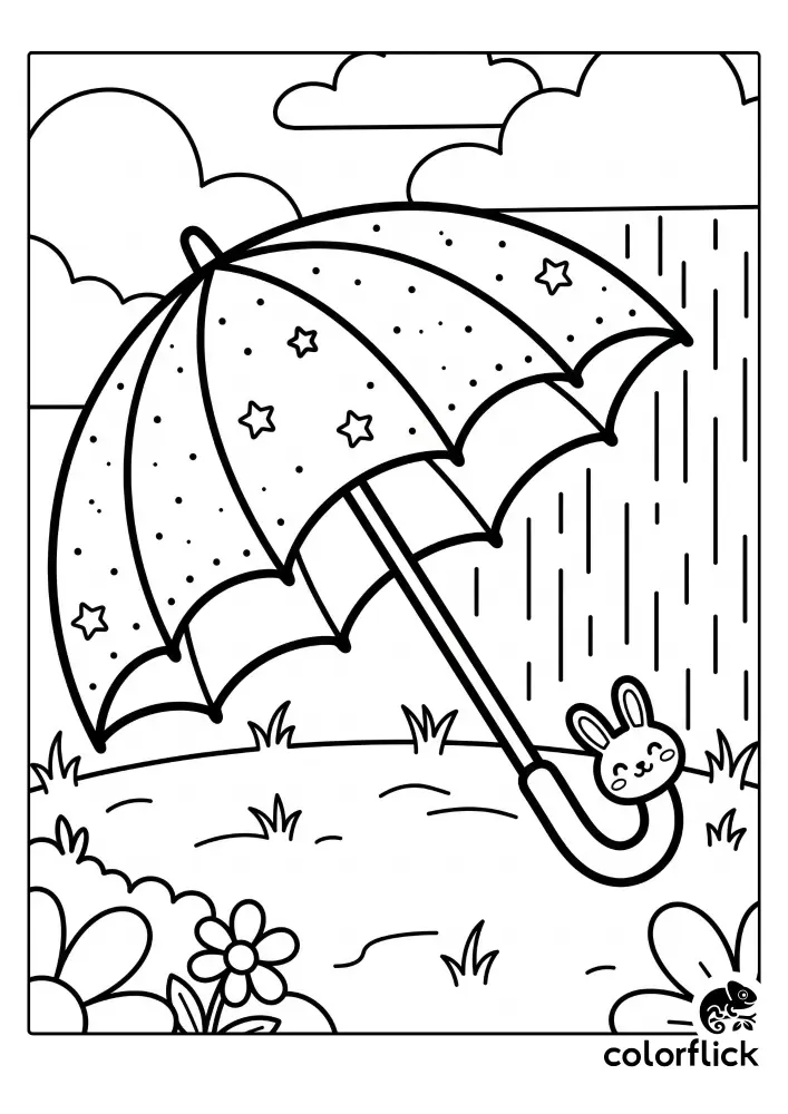 Adorably designed polka-dot and star-patterned umbrella with a cute bunny handle in a simple rainy landscape, printable coloring page for kids.