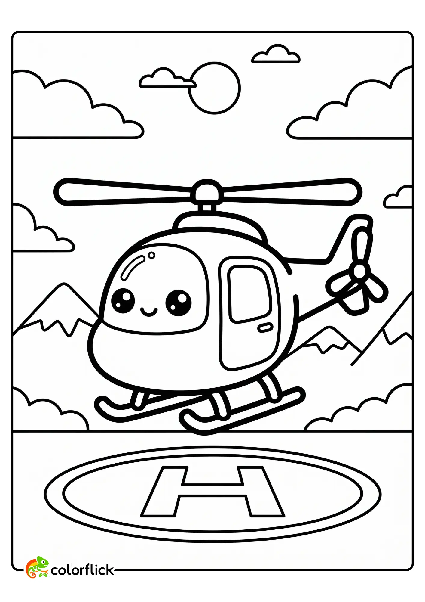 Cute cartoon helicopter landing on a helipad with mountains and clouds in the background printable coloring page for kids.