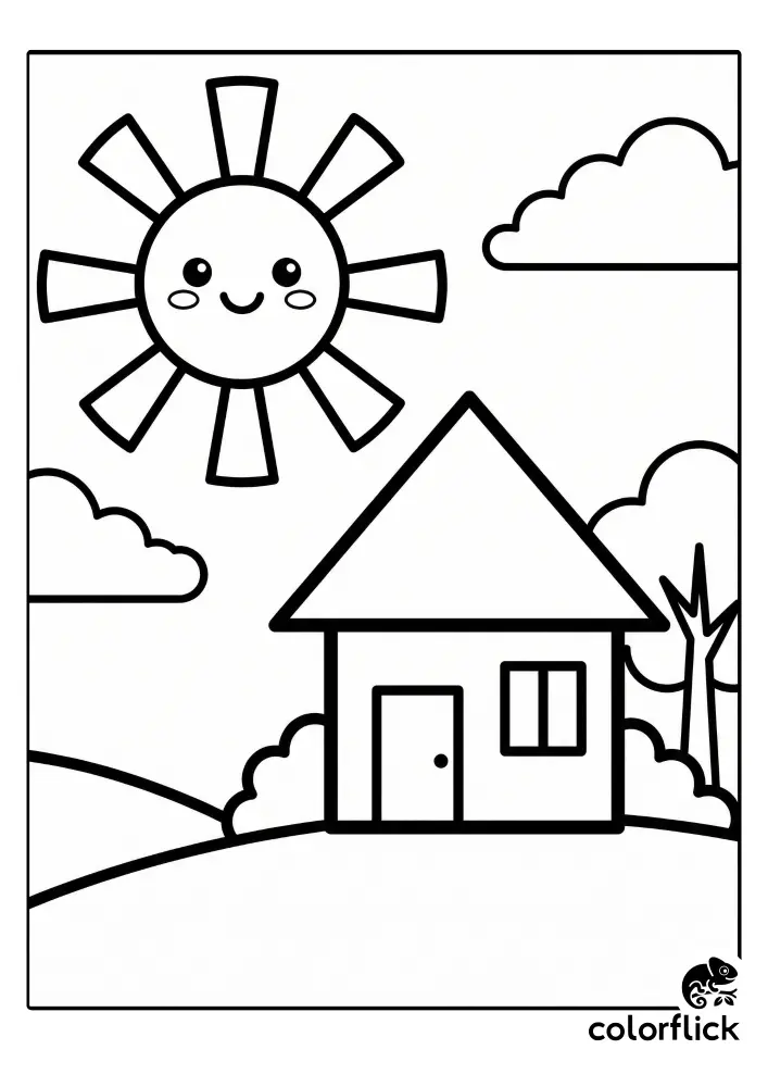 Printable coloring page for kids featuring a cheerful Kawaii sun shining over a simple cartoon house on a rolling hill with clouds.
