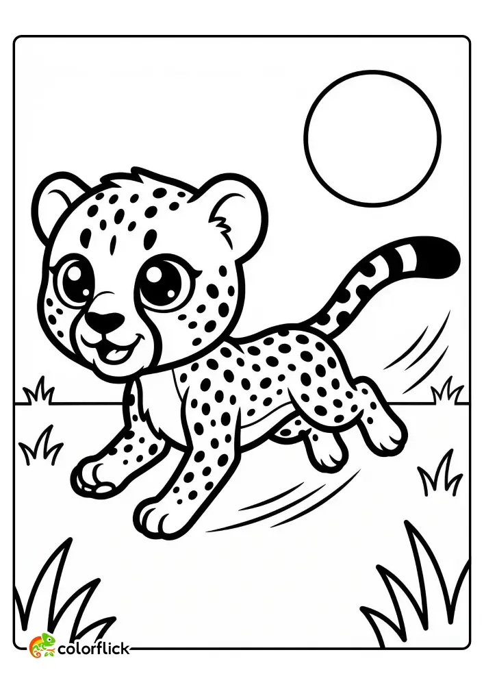 A cute chibi cheetah cub running with motion lines under a sun, a free printable coloring sheet for kids.