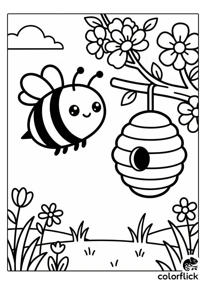 A charming illustration of a cute chibi bee flying towards a large beehive hanging from a flowering branch, a free printable coloring sheet for kids.