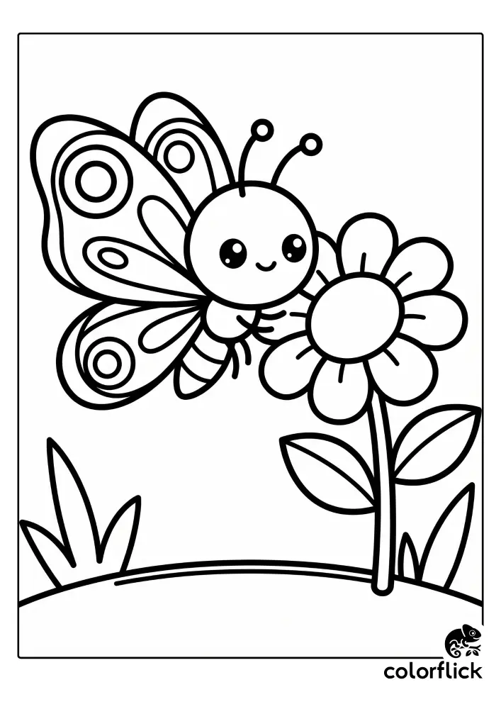 Adorable Chibi butterfly hovering near a large daisy-like flower with detailed wings, a printable coloring page for kids.