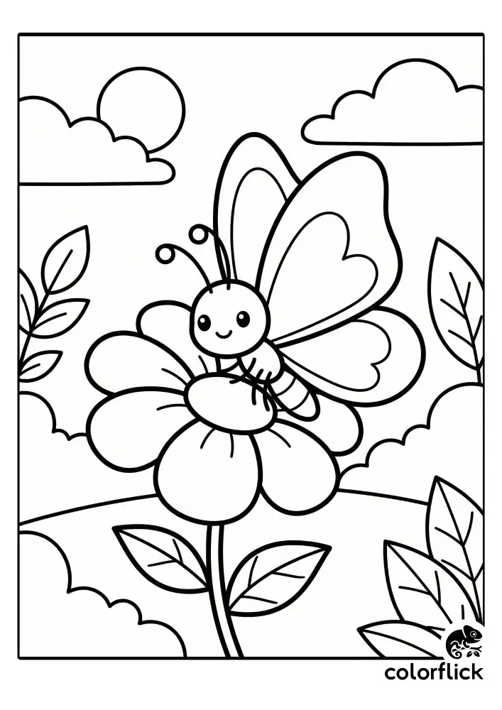 Free printable coloring page for kids featuring a smiling chibi butterfly resting on a large flower with rounded petals in a simple garden setting under the sun and clouds.