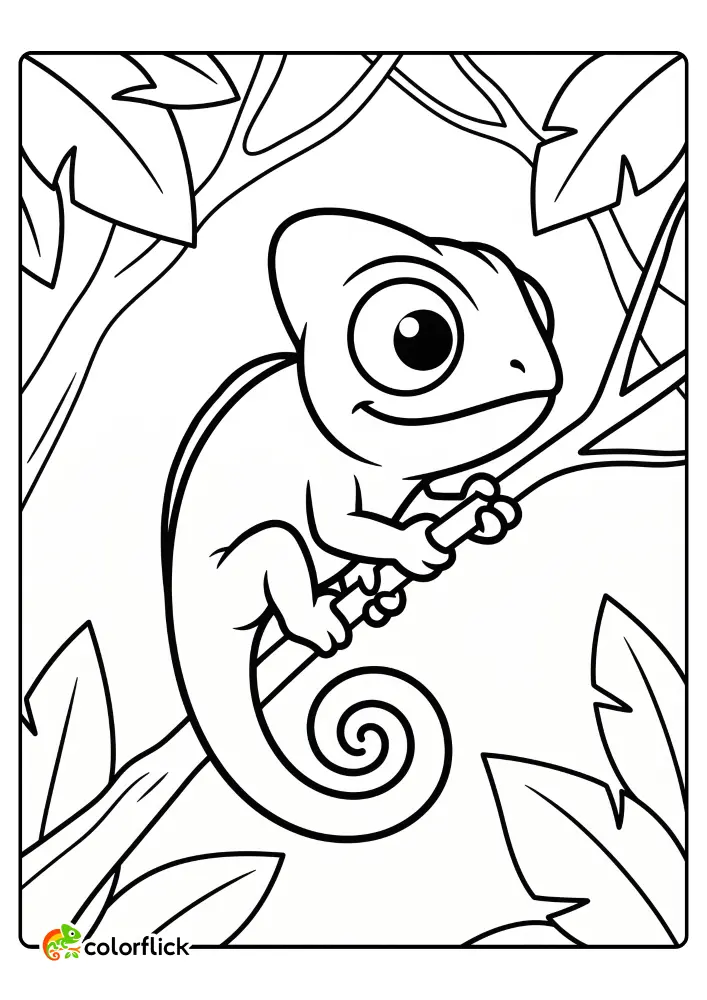 Adorable chibi chameleon lizard with a curled tail gripping a branch amidst jungle leaves and flowers, a free printable coloring sheet for kids and toddlers.